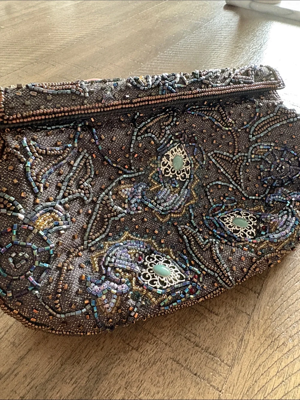 Beaded Evening Clutch Bag in Brown with Iridescent Accents